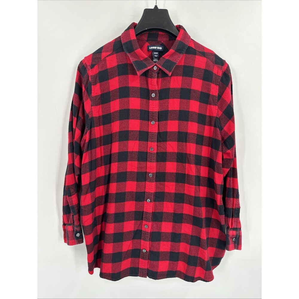 Lands End Women's Flannel Shirt Plus Size 22W Red Black Buffalo Plaid Relaxed